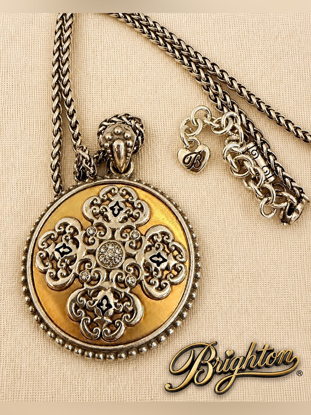 Brighton Signed Filigree Clover Medallion Lariat Necklace | Reversible Two Tone
